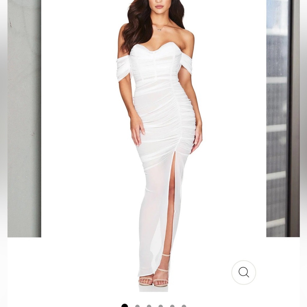 Nookie Dita Mesh White One-Shoulder Ruched Maxi Dress with Front Slit
